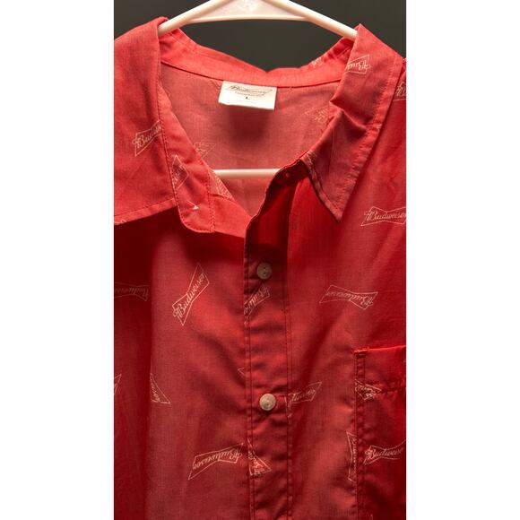 Budweiser Logo NWT Mens SZ L Button Down Short Sleeve Shirt Red BBQ Ocean Boat - Picture 2 of 9
